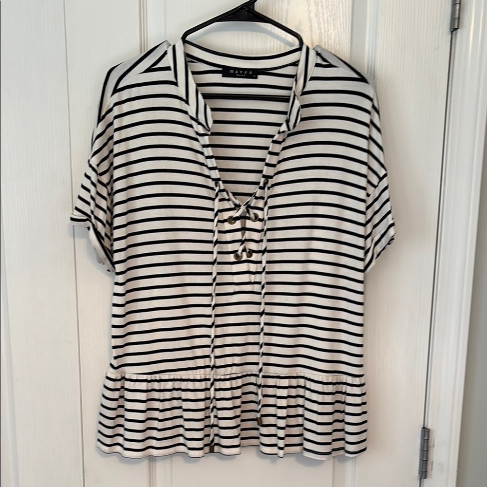 Maven West Women’s Black and White Sailor Collar Peplum Tie Up Top size Large